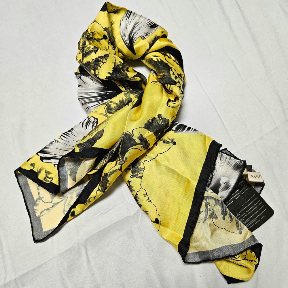 Beymen Silk Scarf Womens OS Yellow Black White Floral Square Made in Turkey NWT